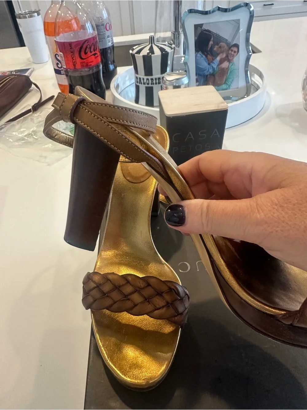 GUCCI Braided Strap Brownish Gold Leather High Heel Sandals - Women's